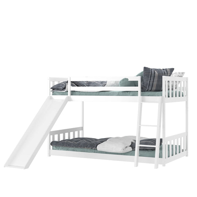 Costzon Twin Over Twin Bunk Bed Wooden Low Bunk Bed with Slide & Ladder