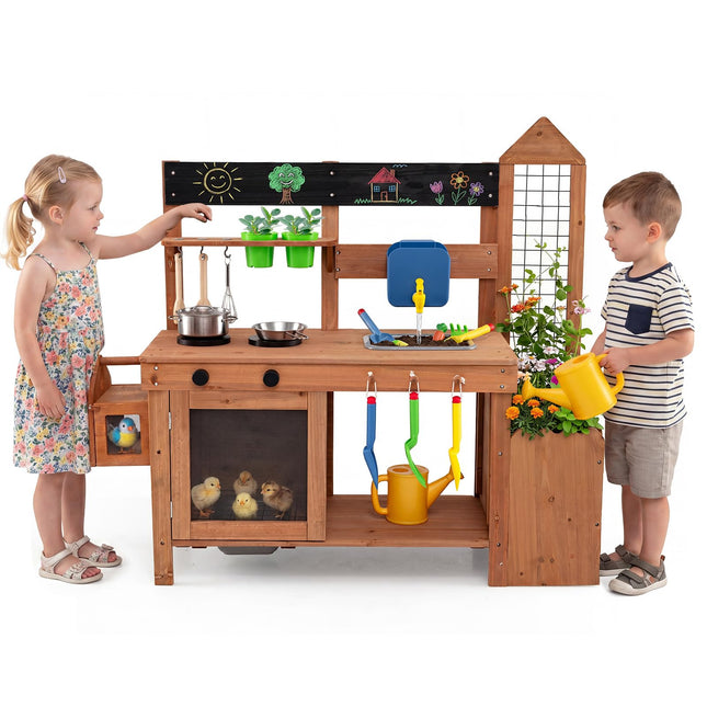 Costzon Solid Wood Toddler Play Kitchen w/Detachable Bird Cage | Outdoor Mud Kitchen for Kids