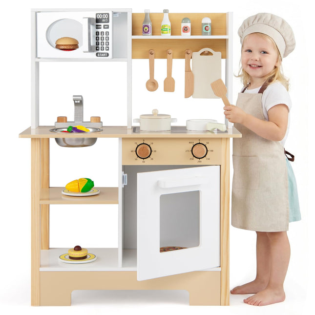 Costzon Wooden Toy Kitchen w/Microwave