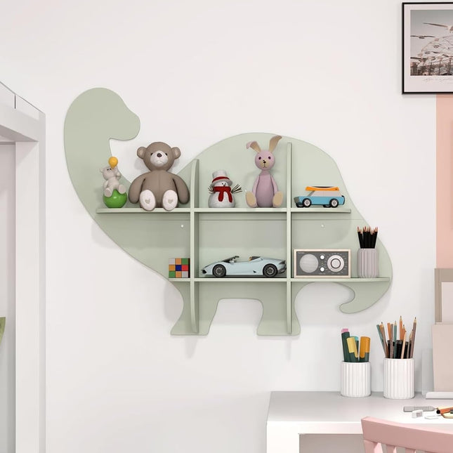 Costzon Dinosaur Wall Mounted Kids Bookshelf, 2 Tier Wooden Nursery Shelves for Toy and Book Storage