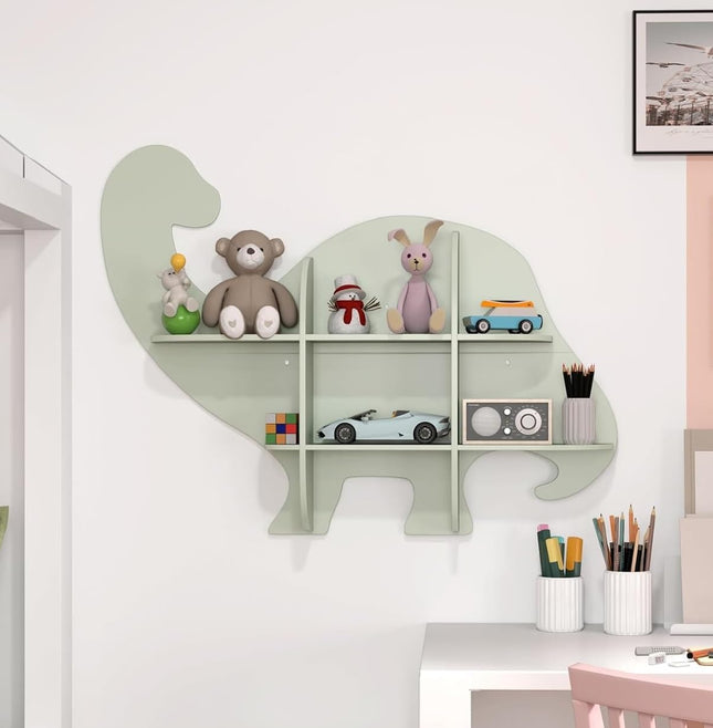 Costzon Dinosaur Wall Mounted Kids Bookshelf, 2 Tier Wooden Nursery Shelves for Toy and Book Storage