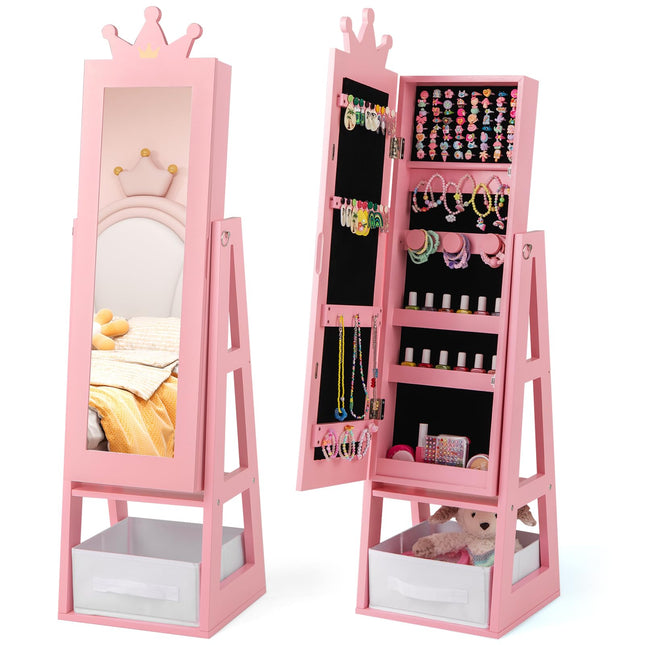 Costzon Kids Jewelry Armoire, 45.5" Standing Jewelry Cabinet with Full-Length Mirror
