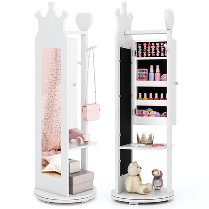 Costzon Kids Jewelry Armoire, 360° Swivel Jewelry Cabinet with Full Length Mirror & Garment Rack