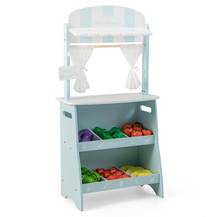 Costzon Kids Wooden Grocery Store Set, Pretend Farmer’s Market Stand w/ 36 Cutting Vegetables & Fruits