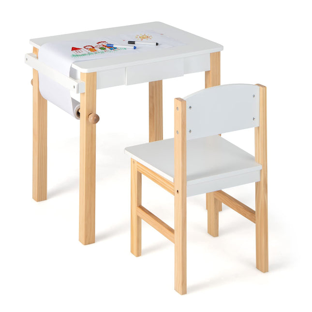Costzon Kids Table and Chair Set, Kids Art Table with Paper Roll, Wooden Activity Table, Toddler Table and Chair Set