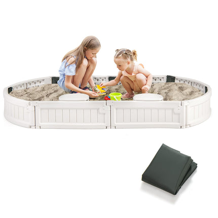 Costzon Elliptical Sandbox & Round Outdoor Sand Box Kit w/Waterproof Cover, Bottom Liner & Built-in Corner Seating