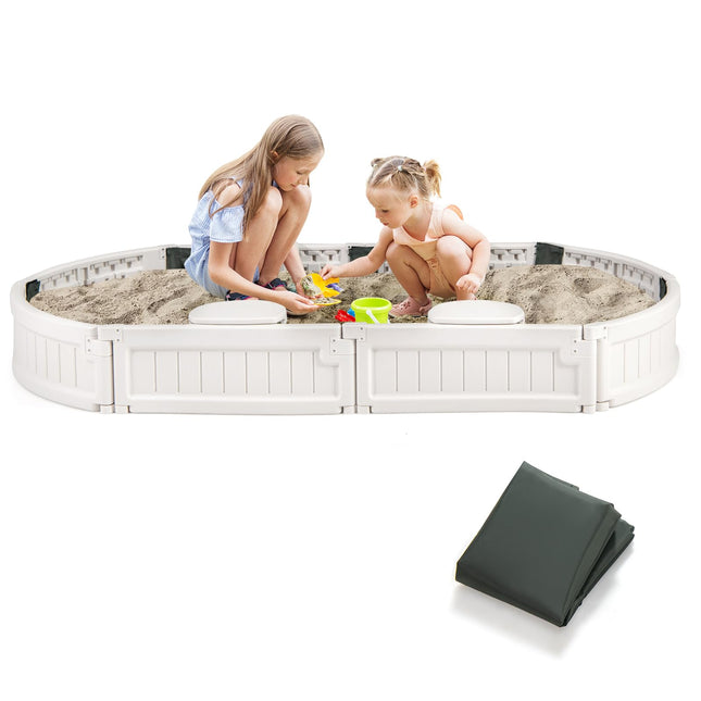 Costzon Elliptical Sandbox & Round Outdoor Sand Box Kit w/Waterproof Cover, Bottom Liner & Built-in Corner Seating