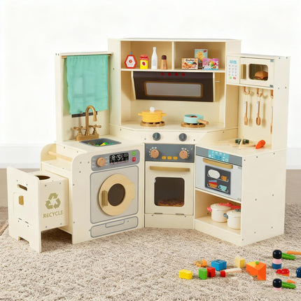 Costzon Corner Play Kitchen Large Pretend Play Kitchen w/Real Light & Sound