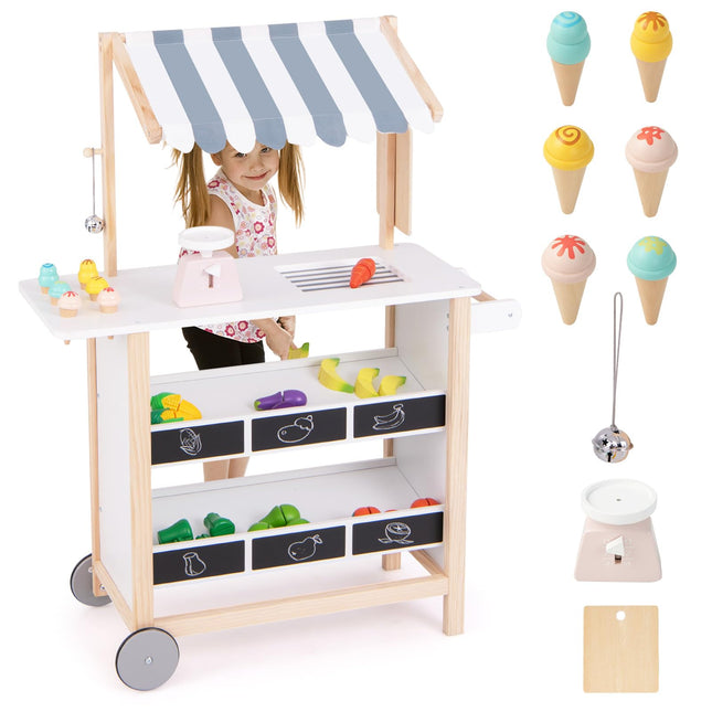 Costzon Kids Pretend Play Grocery Store, Wooden Ice Cream Cart Toy Set for Kids with Ice Cream Making Counter