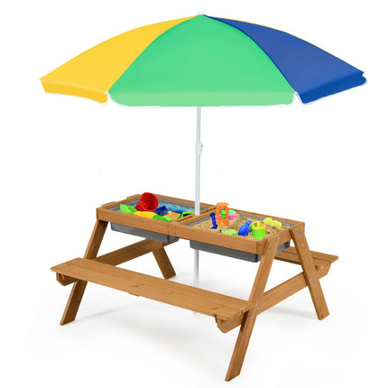 Costzon Kids Picnic Table, 3 in 1 Sand & Water Table w/Height Adjustable Umbrella, Removable Tabletop