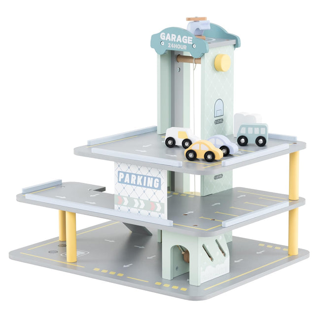 Costzon Toy Car Garage, Multi-Level Wooden Toy Garage with 4 Cars, Helicopter, Gas & Charging Station