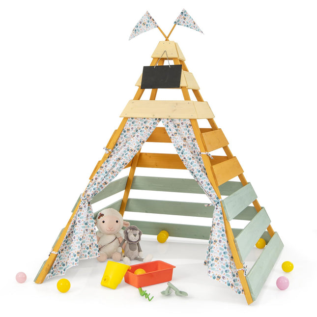 Costzon Kids Tent, Wooden Indoor Outdoor Triangle Hideaway Playhouse with Machine Washable Flags