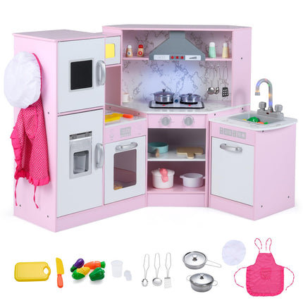 Costzon Corner Kids Kitchen Playset, Wooden Pretend Toy Kitchen Set, Toddler Play Kitchen for Boys Girls 3+