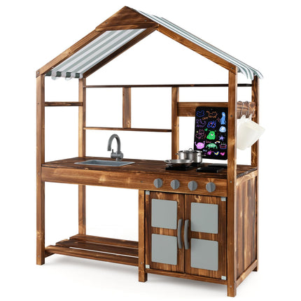 Costzon Mud Kitchen, Outdoor Play Kitchen with Canopy, Wooden Kids Kitchen Playset, Mud Kitchen for Kids Outdoor
