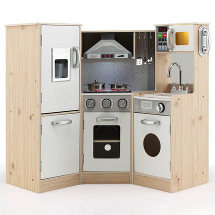 Costzon Kids Corner Kitchen Playset, Wooden Pretend Play Kitchen Toy Set
