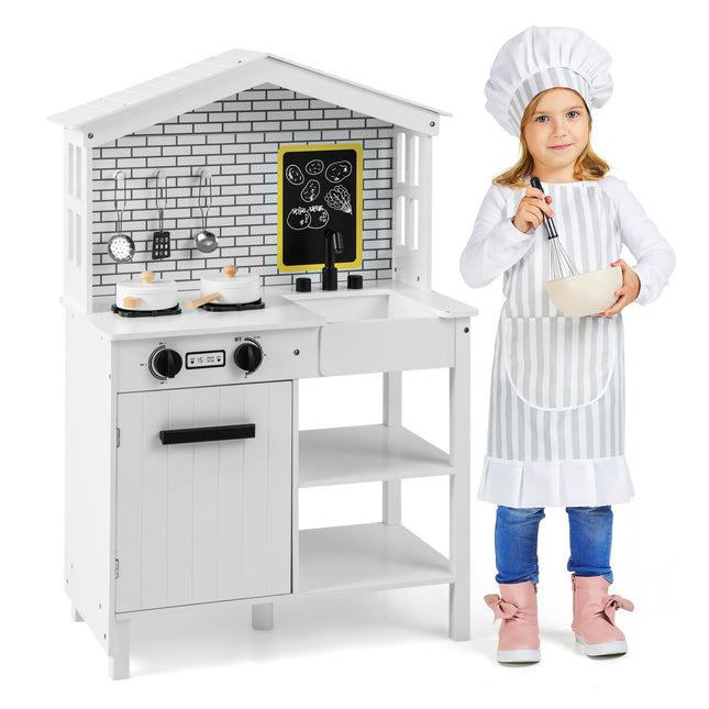 Costzon Kids Kitchen Playset, Farmhouse Wooden Pretend Cooking Toy Set, Play Kitchen with Sweet Accessories, Gift for Boys & Girls 3+