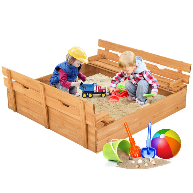 Costzon Kids Sandbox with Lid, 47 x 47in Sand Pit w/ 2 Convertible Bench Seats & Protective Bottom Liner