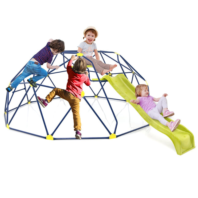 Costzon Climbing Dome with Extended Wavy Slide, 13.3FT Outdoor Jungle Gym Monkey Bar, 2 in 1 Geometric Dome Climber Playground Set
