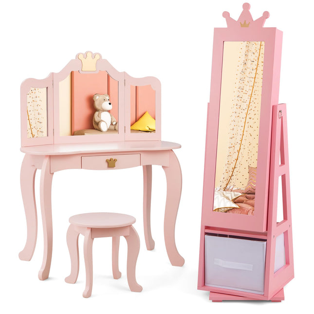 Costzon Kids Vanity & Jewelry Armoire Cabinet, Kids Makeup Vanity Table and Chair Set