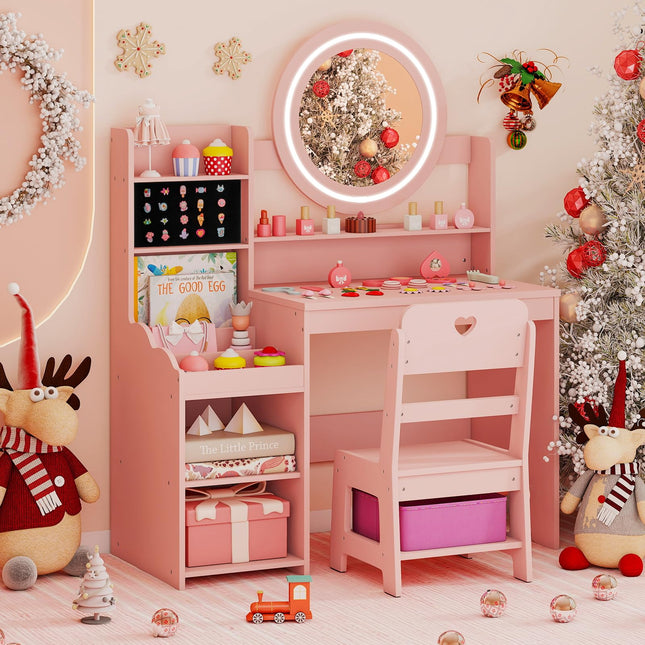 Costzon Girls Vanity Set with Mirror and Lights Jewelry Storage Shelves