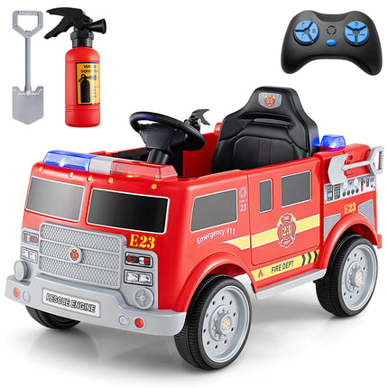 Costzon Kids Ride on Fire Truck, 12V Battery Powered Fire Car w/Remote Control, Extinguisher