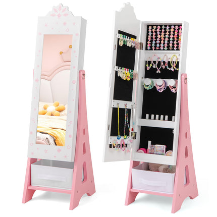 Costzon Kids Jewelry Armoire Cabinet, 43.5" Standing Jewelry Organizer with Full-Length Mirror