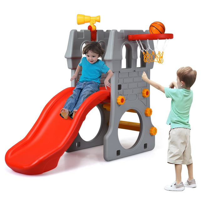 Costzon Toddler Slide Playground Climber Set, 5 in 1 Slide for Kids with Basketball Hoop, Kids Large Slide Playset Gift for Both Indoor Outdoor Use