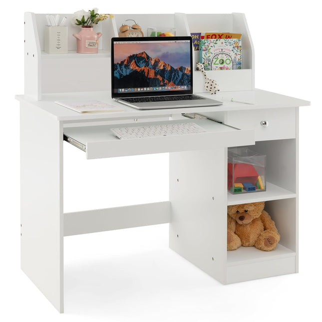 Costzon Kids Study Desk, Wooden Writing Table w/Keyboard Tray, Hutch, Drawer, Storage Shelves