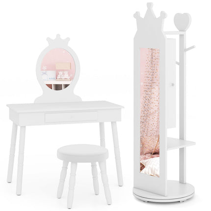 Costzon Kids Vanity & Jewelry Armoire Cabinet, Wooden Kids Vanity Table and Chair Set