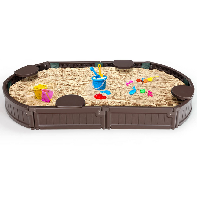 Costzon Elliptical Sandbox & Round Outdoor Sand Box Kit w/Waterproof Cover, Bottom Liner & Built-in Corner Seating