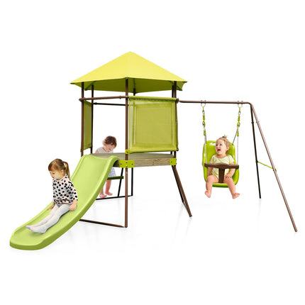 Costzon Swing Sets for Backyard, 4-in-1 Heavy Duty Metal Swing Set with Slide, Baby Swing