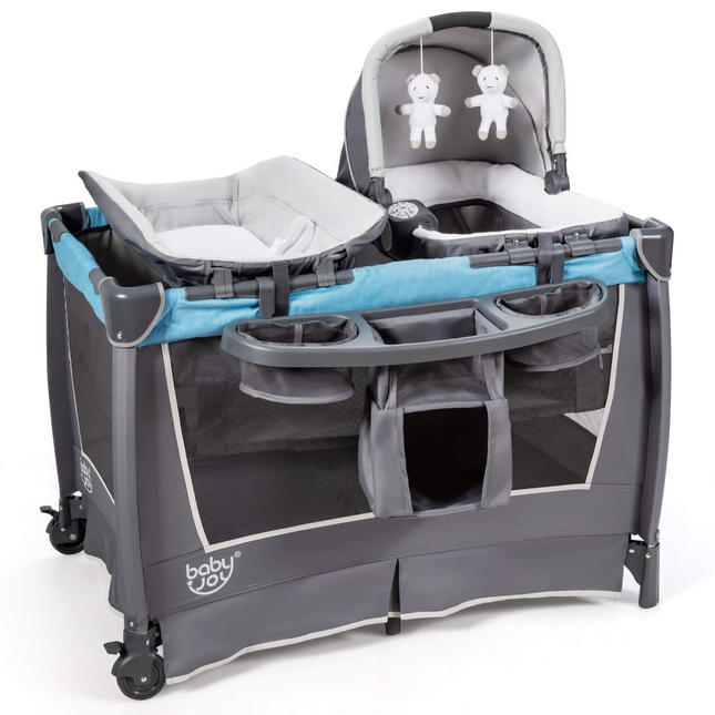 BABY JOY 4 in 1 Nursery Center, Foldable Pack and Play w/Bassinet, Changing Table (Space Gray)