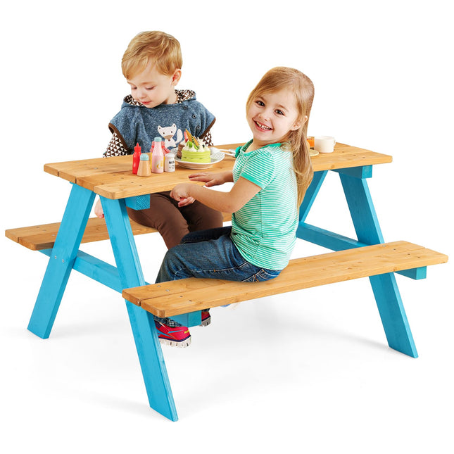 Costzon Kids Picnic Table, Fir Wood Children’s Activity Table with Benches, Toddler Patio Furniture Set
