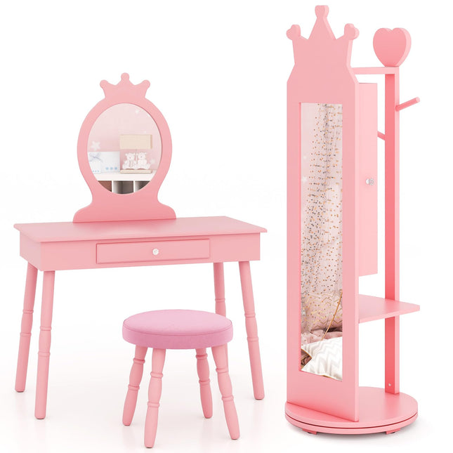 Costzon Kids Vanity & Jewelry Armoire Cabinet, Wooden Kids Vanity Table and Chair Set