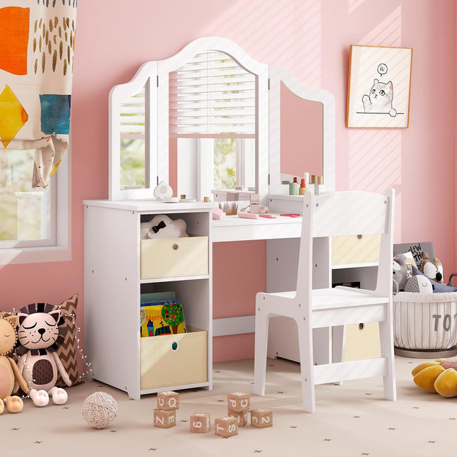 Costzon Kids Vanity, 2 in 1 Princess Makeup Desk & Chair Set with Tri-Folding Mirror, 4 Storage Bins