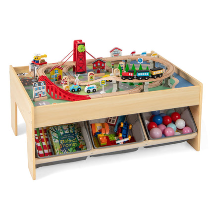Costzon Train Table 3-in-1 Wooden Activity Table W/ 3 Storage Bins