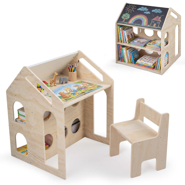 Costzon Kids Table and Chair House-Shaped Wooden Art Desk Set