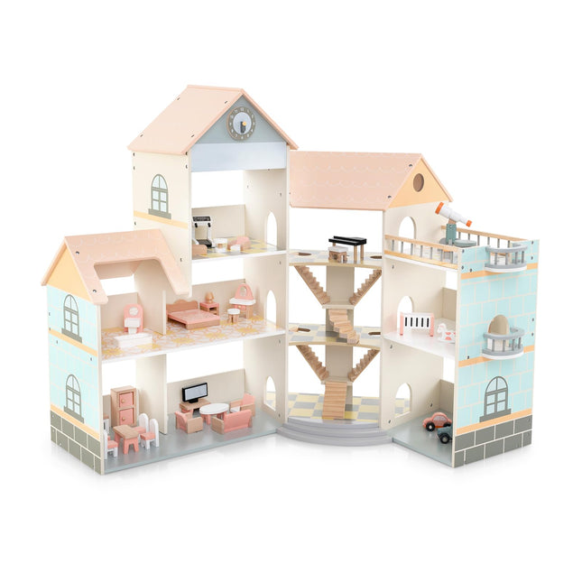 Costzon Wooden Dollhouse for Kids, 3-Story Luxury Doll House, DIY Pretend Dollhouse Playset