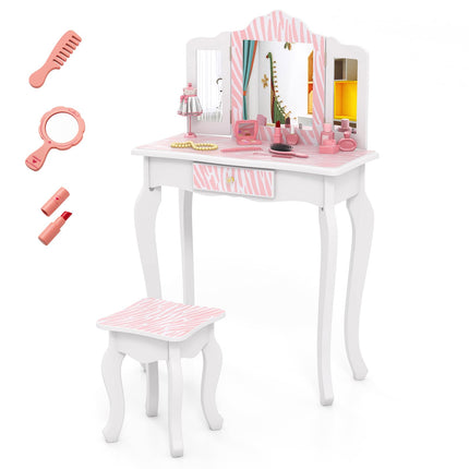 Costzon Kids Vanity, Girls Vanity Set with Mirror and Stool