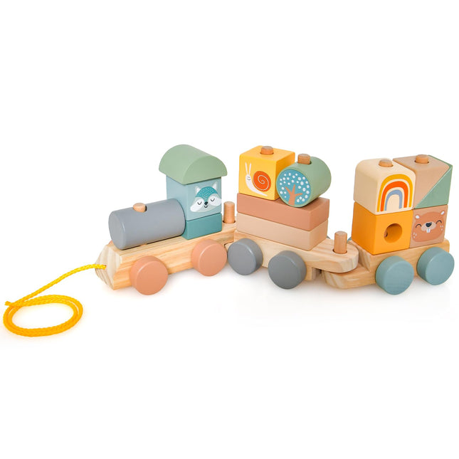 Costzon Wooden Train Set, 3-Section Towable Train Toys with Stackable Building Block, Cute Animal Patterns