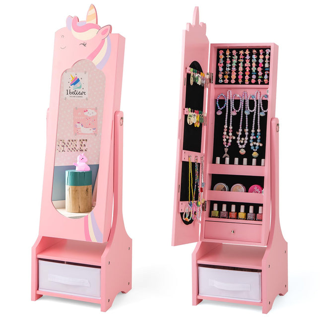 Costzon Kids Jewelry Armoire, 45.5" Standing Jewelry Cabinet with Full-Length Mirror