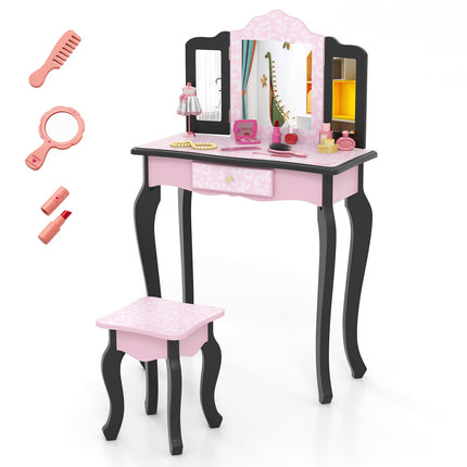 Costzon Kids Vanity, Girls Vanity Set with Mirror and Stool
