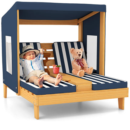 Costzon Kids Lounge Chair Outdoor, Wood Double Seat Chaise Lounge with Canopy