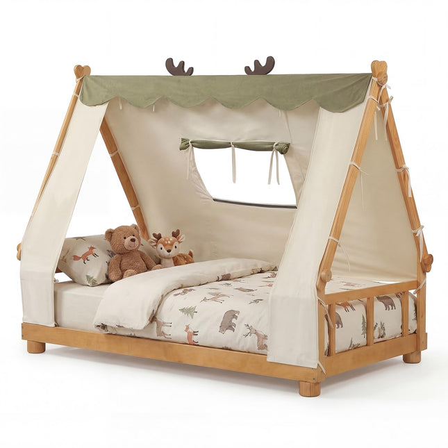 Costzon Twin Bed Frames for Kids Wooden House Antlers-Shaped Floor Bed w/Tent