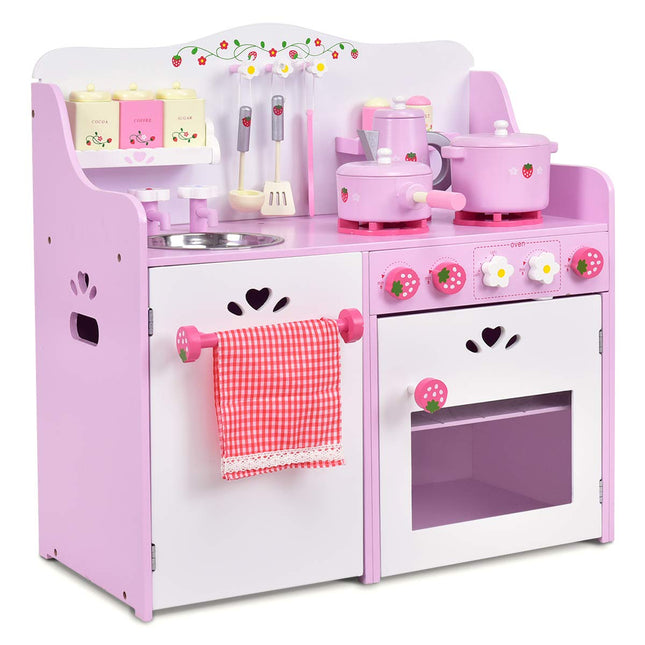 Costzon Kids Kitchen Playset Wooden Pretend Little Chef Cooking Toy Set with Sink