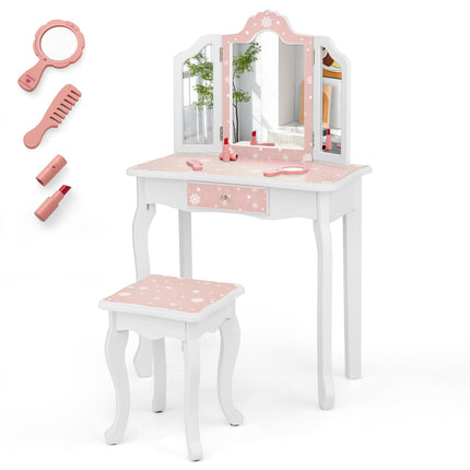 Costzon Kids Vanity, Girls Vanity Set with Mirror and Stool