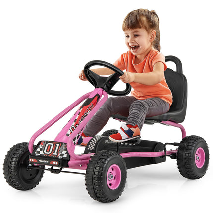 Costzon Kids Pedal Go Kart, 4 Wheel Pedal Powered Ride On Toys, Outdoor Racer Pedal Car with Adjustable Seat