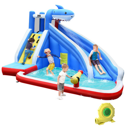 BOUNTECH 4 Kids Shark Themed Mighty Backyard Inflatable Water Slide w/ Climbing Wall