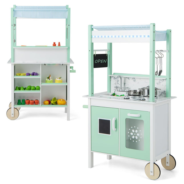 Costzon Double-Sided Play Kitchen & Grocery Store, 2-in-1 Wooden Kids Kitchen Playset