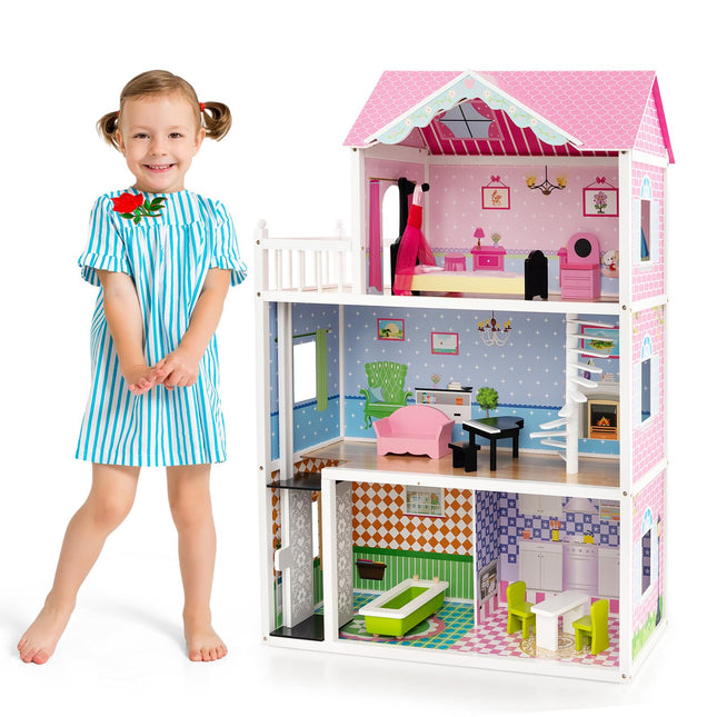 Costzon Wooden Dollhouse for Kids, 3-Story Semi-Open Doll House with 5 Rooms & 10 Pieces Furniture Set